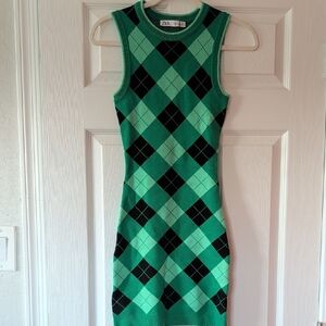 Zara Argyle Knit Bodycon Tank Dress Green Black Mini XS Preppy